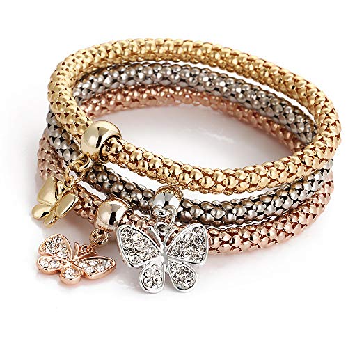 RINHOO FRIENDSHIP 3PCS Gold/Silver/Rose Gold Corn Chain Bracelet Crystal Multilayer Charms stretch bracelet For Women Girls (Butterfly)