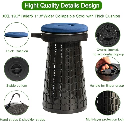 Image of 2026 Upgraded XXL Collapsible Stool with Thick Cushion,19.7 inchH-11.8 inchD Telescoping Folding Stool for Adults, More Sturdy Camping Stools with Load Capacity 1000lbs for Outdoor,Garden,Fishing,Hiking