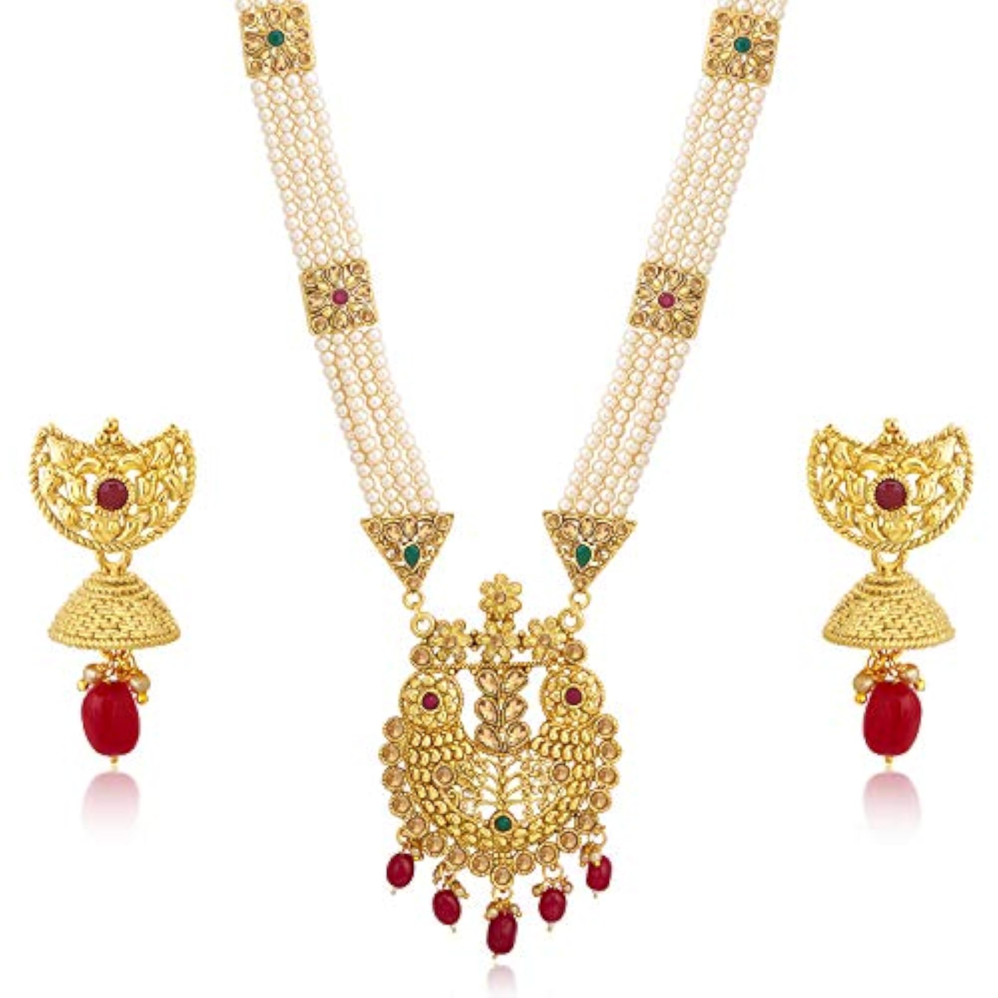 Floral Pearl Plated Wedding Long Haram Necklace Set