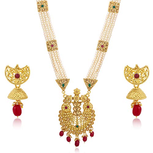 Floral Pearl Plated Wedding Long Haram Necklace Set