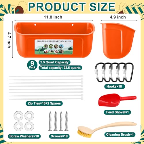 Ferrochef 9 Pack Chicken Duck Feeder Waterer Hanging Goat Feeder Trough 2.5 Quart Livestock Feeding Trough with Scoop & Brush for Pig, Poultry, Fence Feeding, 22.5 Quart Total (White, Orange, Black)