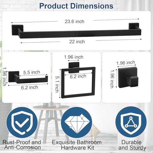 Foto de Juego de accesorios de baño de 15 piezas, juego de accesorios de baño negro mate, toalleros para baño, juego de barra de toallas de baño de 23.6 pulgadas, acero inoxidable, soporte de papel higiénico (imagen 3)