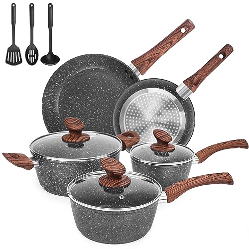 Granite Pots and Pans Set Ultra Nonstick, 11 Piece Die-Cast Cookware Sets with Frying Pan, Sauce Pan, Stockpot, Stay Cool Handle & Kitchen Utensils, Gas/Induction Compatible, 100% PFOA Free