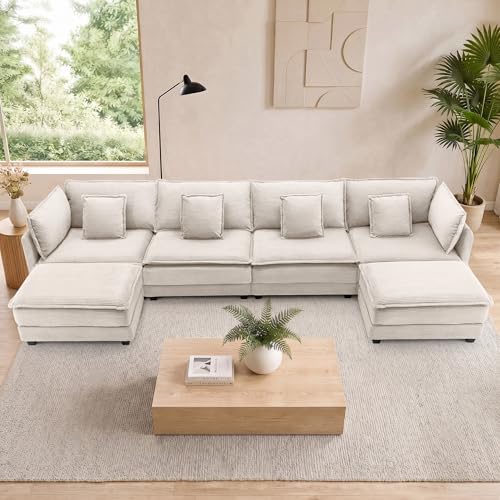 Image of Corduroy Sectional Couch, 4 Seater 149.2 inch U Shaped Cloud Couch with 2 Ottomans, Modular Deep Seat Sofa with Pillows for Living Room, Apartment, Beige