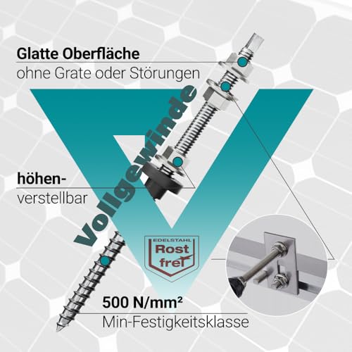 VOOXA 4 Stück Stockschrauben M10x200 vormontiert, Edelstahl V2A A2, höhenverstellbar, für Photovoltaik- Solarbefestigung auf Gebäudedächer