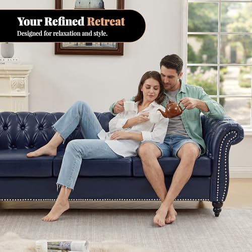 Image of LEVNARY Chesterfield Sofa, 3 Seater Tufted Couch for Living Room, Classic Button Tufted Upholstered Sofa, Modern Mid-Century PU Leather Sofa (Blue)