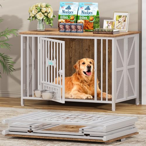 Easycom Foldable Large Dog Crate Furniture, 41.3' Assembly-Free Dog Crates for Large Dogs, Decorative Wooden Dog Kennel Indoor with Tag & Dog Bowls, Dog Cage Use as TV Stand, White & Beech
