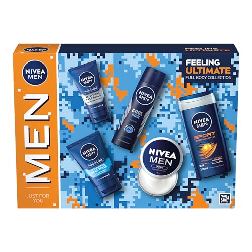 NIVEA MEN Feeling Ultimate Gift Set (5 Products) Mens Skincare Set with Shower Gel Face Wash Face Scrub Moisturising Creme and Anti-Perspirant Spray