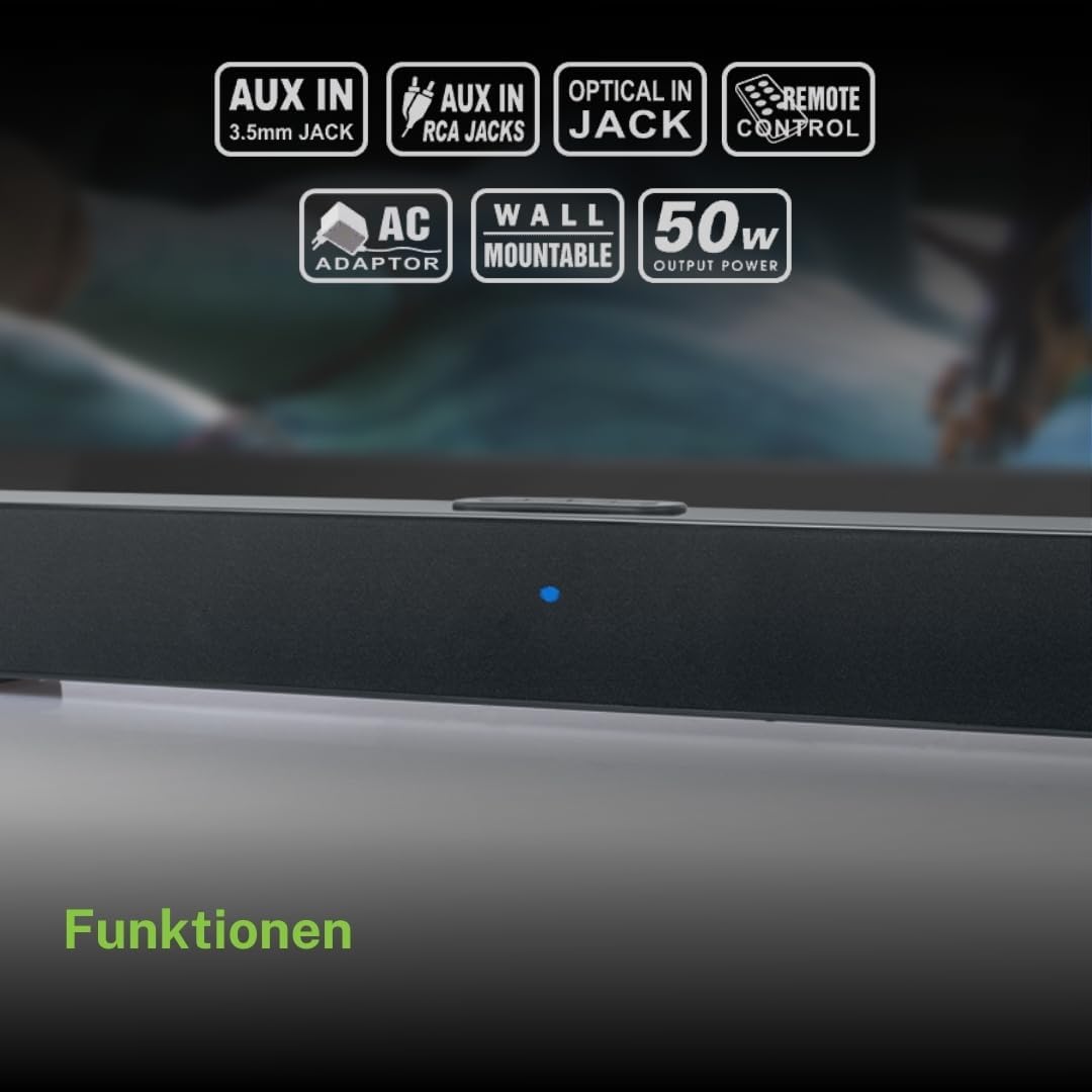 Close-up of the soundbar's top panel showing control buttons and a blue LED indicator.