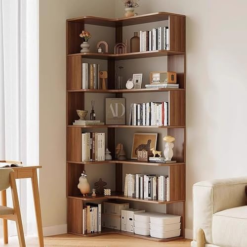 6-Tier Corner Bookshelf, Modern Tall Bookcase with Anti-Drop Panel, L-Shaped Etagere Shelf, Freestanding Display Rack for Home Office and Living Room Storage Organizer