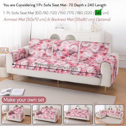 Image of HOKIPO 'Nature Muse' Premium HD Printed Holland Velvet Sofa Cover Mat for 1 /2 /3 Seater & L-Shape Sofa. Make Your Own Sofa Cover Set, Mat 70(D) x 240(L) cm, Blush Bouquet (IN-920-D6)