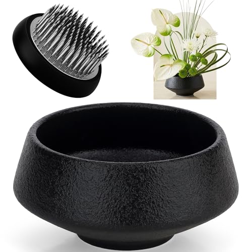 Gresorth Japanese Ikebana Vase Kit with 1.57 Inch Flower Frog Pin Frog Floral Arrangement Container for Birthday Office Restaurant - 5.12 Inch Black Ceramic Round Plant Pot