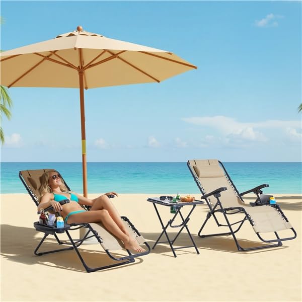Yaheetech Lot de 2 Chaise Longue inclinable, avec Table Pliable Support de Gobelet, Chaise de Jardin Pliable en Textilène Chaise Longue, avec Rembourrage de Tête, Beige (Beige)