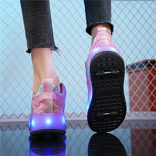 Kimigia Chłopięce dziewczęce, światło LED, ładowane przez USB, buty skateboardowe z czterema kółkami, zdejmowane, stabilne i bezpieczne, do uprawiania sportu, fitnessu, gimnastyki, biegania, Pink885,