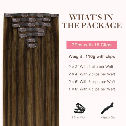Image of GOO GOO Clip in Hair Extensions Real Human Hair, Remy Human Hair Extensions Clip ins for Women, Natural Human Hair, 16inch 110g 7Pcs, 2C /4E /6C Brown Sugar Swirl Highlights