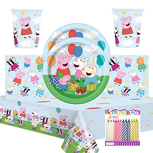 Unique Peppa Pig Birthday Party Supplies Pack Serves 16: Peppa Pig Party Supplies Dessert Plates Luncheon Napkins Cups And Table Cover With Birthday Candles, 73 Piece Set #TOP22