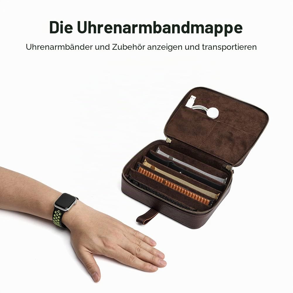 CONTACTS Uhrenarmbänder aus echtem Leder, mit Reißverschluss, Reisetasche, kompatibel mit allen Serien von Apple-Watch-Armbändern und Zubehör (Kaffee-6 Fächer)