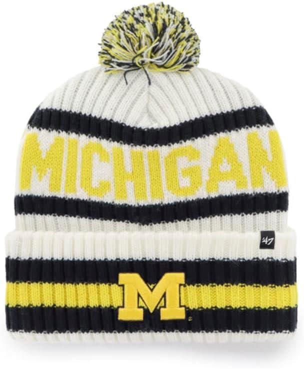 '47 Michigan Wolverines Mens Womens Bering Cuff Knit Stretch Fit White Beanie with Yellow Logo