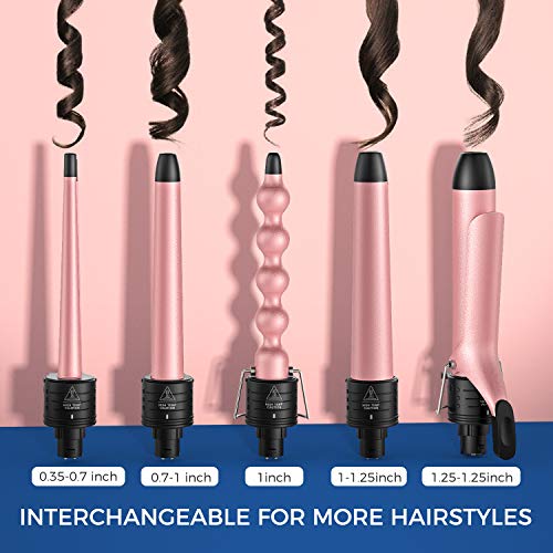 ATMOKO 5 in 1 Curling wand set,Wand Curling Iron Set with 5 pcs Interchangeable Curling Wand Ceramic Barrels, Pro Hair Wand for Beach Loose Wavy with Heat Resistant Glove and Hairpin