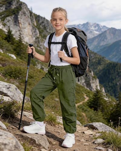 Image of Girls Parachute Cargo Pants Drawstring Waterproof Causal Hiking Pants for Girls Pockets Lightweight Running Joggers