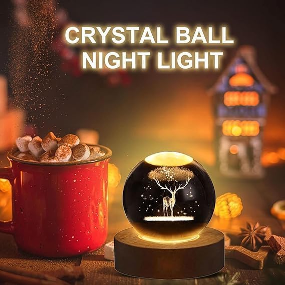 Image of Crystal Ball Lamp with Wooden LED Base | Engraved 3D Moon & Stars Night Light | USB Rechargeable Home Decor | Birthday Gift for Teens, Boys & Girls (3D Deer Lamp)