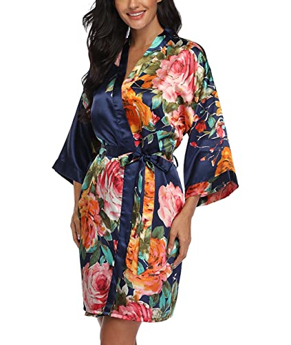 VOGMATE Floral Silk Robes for Women Short Satin Kimono Bride Bridesmaid Robes Bathrobe(Navy Blue S-L)