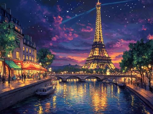 Dozsconz Peinture par Numero Adulte Tour Eiffel Peinture Numeros Adulte Ciel éToilé Paint by Numbers Enfant Débutants Loisir Creatif Artisanat avec Peintures et 3 Pinceaux, avec Cadre 100X130CM Toile
