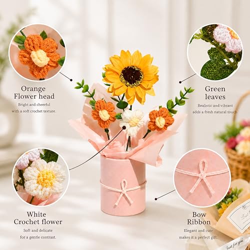 Image of Art Street Handmade Crochet Flower Bouquet with Sunflower | Orange & White Knitted Flowers with Green Leaves, Decorative Pot with Ribbon for Home Decor, Birthday, Anniversary