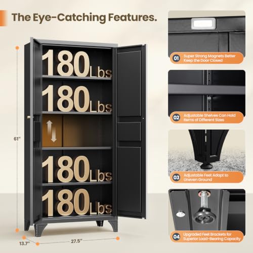 Image of Yizosh Metal Storage Cabinet with 2 Doors and 4 Adjustable Shelves - 71 inch Black Kitchen Pantry Storage Cabinet,4-Tier Tall Steel Cabinet Locker for Living Room,Dining Room,Kitchen
