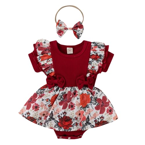 Hopscotch Girls Polyester Floral Print Ruffled Onesie with Headband in Red Color