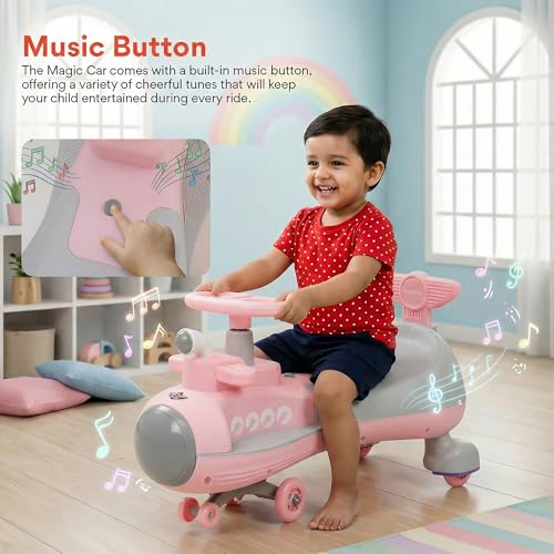 Image of Baybee Diver Baby Swing Cars for Kids | Indoor Wiggle Push Baby car with Floor Lights | Twister Ride on Kids Car with RGB Lights, Music & Backrest | Magic Car for Kid 2 to 5 Years (Pink)