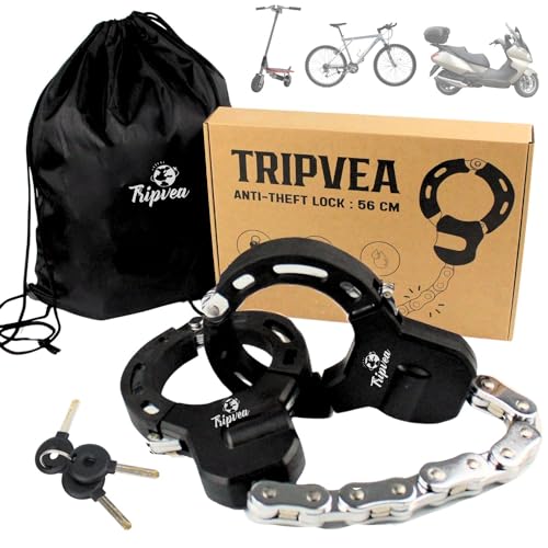 TRIPVEA® Antivol trottinette électrique, velo, poussette - Cadenas ultra résistant - antivol menottes chaîne 10 maillons - longueur 56 cm - Ø 8 cm - serrure + 3 clés (Antivol)