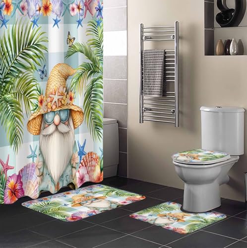 Palm Tree Bathroom Set with Shower Curtain and Rug Accessories - 36x72 Inches Long Butterfly Gnomes Coastal Starfish Shell Plaid Stall Curtain Waterproof with Large Bath Mat,Washable Runner Rug Set