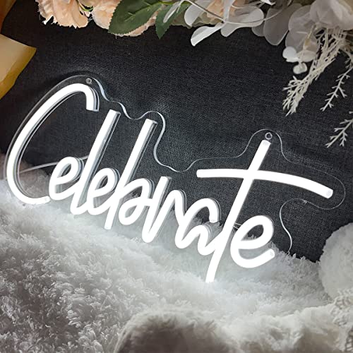 Image of Neon Sign The Celebrate for Wall Decor Custom Light Up Sign Indoor Bedroom Home Decor LED Neon Light Sign Large Backdrop Flex Birthday Wedding Christmas Living Room Business Gift,White 40x18.7 CM