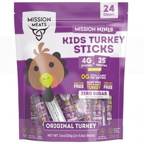 Mission Meats Kids Turkey Sticks 100% Free Range Healthy Snacks for Kids Zero Sugar 9g Protein per Serving Gluten & Nut Free Individually Wrapped Mini 0.5oz (24ct Bag)