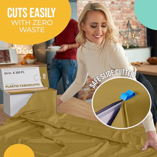 Image of Exquisite Party Solids 54 Inch X 300 Feet Gold Plastic Table Cover Roll in A Cut - to - Size Box with Convenient Slide Cutter. Cuts Up to 36 Rectangle 8 Feet Plastic Disposable Tablecloths