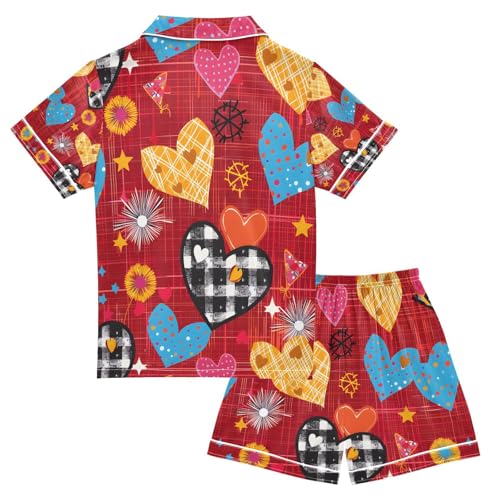 senya Colorful Hearts with Hounds Tooth Satin Summer Pajama Sets Silk Short Sleeve Button Down Sleepwear2