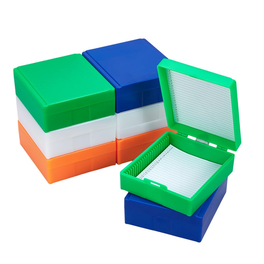 OLYCRAFT 8 unidades de 4 colores de plástico para microscopios, 25 compartimentos, para microscopio de 25 mm x 75 mm, caja de almacenamiento para microscopio de cristal