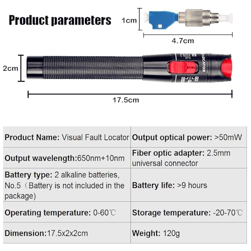 50mW Visueller Fehlerfinder, Photometer aus Glasfaser FTTH -70 dBm bis +6 dBm, Glasfaser-Tester mit FC-LC-Adapter