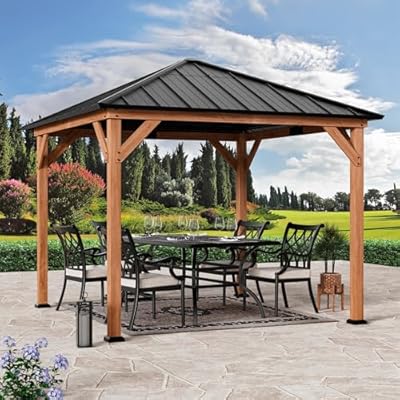 Modern Shade Tranquil Grove Wood Gazebo 10' x 10', Permanent Hardtop Gazebo with Galvanized Steel and Polycarbonate Hip Roof Hardtop, Cedar Framed Wooden Gazebo for Garden, Backyard