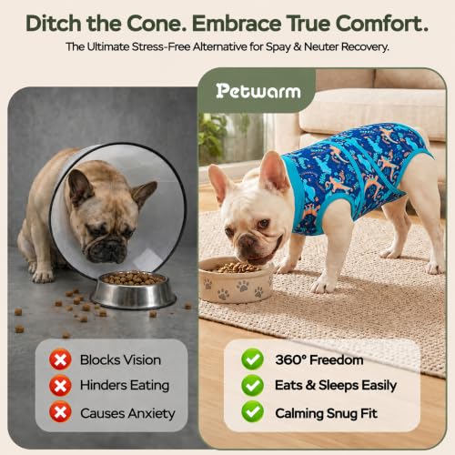 Image of PetWarm After Surgery Onesie for Dogs, Pet Coat's Inner Clothes, Dog Cone Alternative After Surgery Suit for Dogs Female Male Dog Onesie for Spay Neuter, Dinosaur Pattern, Green, XS