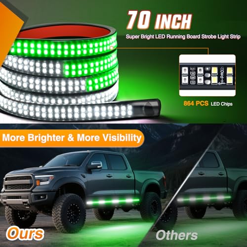 Image of Nilight 2PCS 70 Inch Emergency Strobe Light Strip with Controller 864 LED Green White Running Board Lights Flexible Side Flashing Warning Caution Safety Waterproof for Truck Construction Pickup