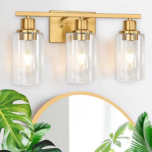 Image of Gold Bathroom Wall Lights Brushed Brass 3-Light Vanity Light Fixtures Modern Wall Sconces with Clear Glass Shade, Bathroom Wall Lamp for Mirror Kitchen Bedroom Hallway Cabinet Porch