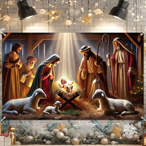 HOMETITUTE Nativity Scene Christmas Banner Holy Family Backdrop Birth of Jesus Background Religious Xmas Party Decoration Indoor Outdoor Church Yard Display Manger Photography Prop 71x43 Inch