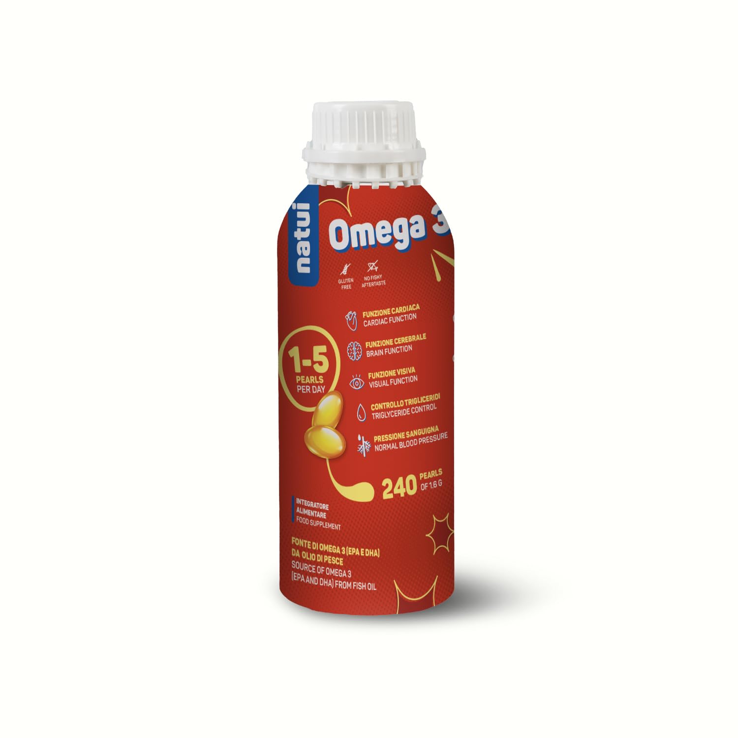 Natui Omega 3 – Integratore di Omega 3 IFOS - 432 mg EPA e 288 mg DHA – Acidi Grassi da Olio di Pesce Concentrato per Controllo Colesterolo, Trigliceridi e Pressione - No Ritorno di Gusto - 240 Perle
