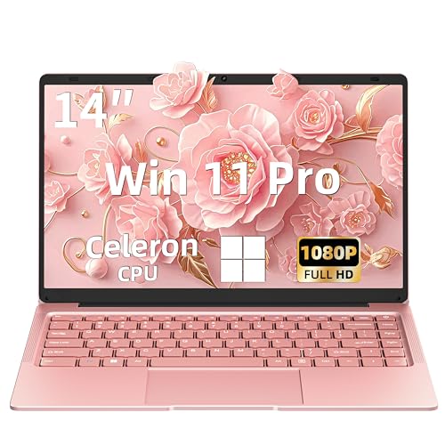 Image of 14 inch Rose Gold Laptop for Students & Seniors, Ultra Light 2.76lbs 180 Hinge, LPDDR4 RAM 128GB SSD, Win 11 Pro FHD IPS, Mouse & Mouse Pad Bundle, Notebook for Online Class Zoom Work