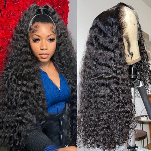 Bling Hair 26 Inch Deep Wave Lace Frontal Wig Human Hair Pre Plucked Glueless Wigs Human Hair 13x6 HD Lace Frontal Wig Deep Wave Human Hair Wigs 180% Density Natural Black Hairline