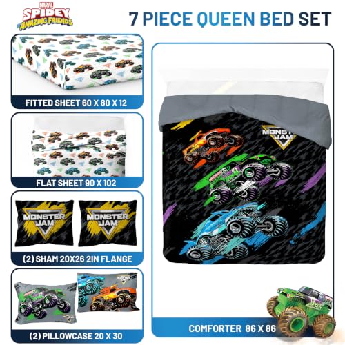 Image of Monster Jam Trucks Queen Comforter Set 7 Piece Kids Bedding for Boys, Black | Grave Digger Megalodon, Comforter Sheets Shams Pillowcases, Official Product, Soft Microfiber, Machine Washable, Boys Gift