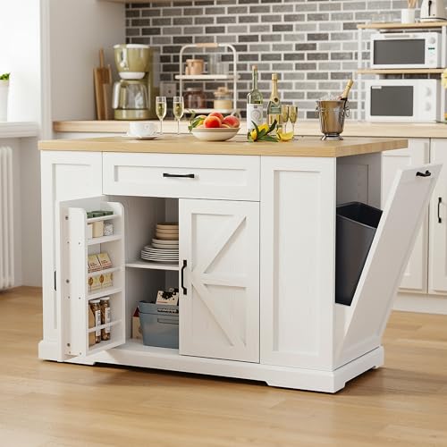 IRONCK Kitchen Island with Storage, Rolling Island Table on Wheels with Cart Drop Leaf and Trash Can Storage, White and Natural