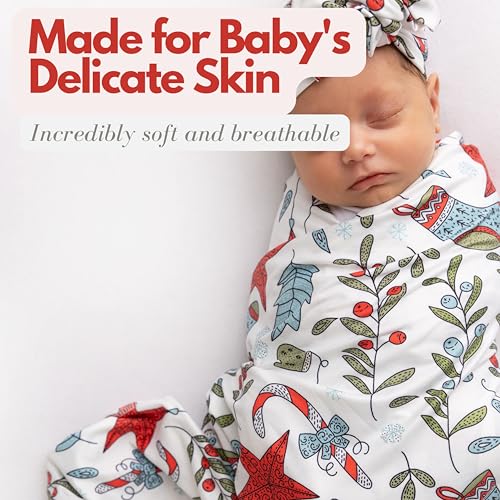 Image of Newborn Baby Girl Receiving Blanket Swaddle Blanket Stretchy Knit Swaddle Set with Matching Headband and Beanie (Red Socks Christmas)